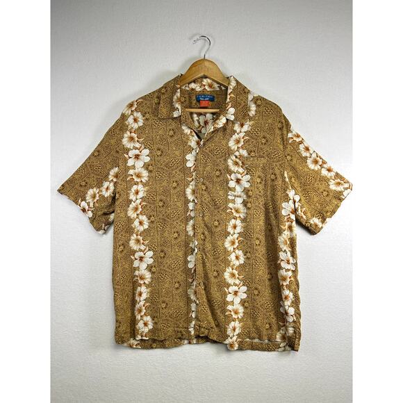 Puritan mens brown white floral Hawaiian size large vacation ￼ - Picture 1 of 8